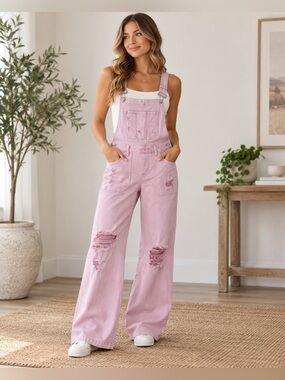 Light Pink Distressed Women's Denim Overalls